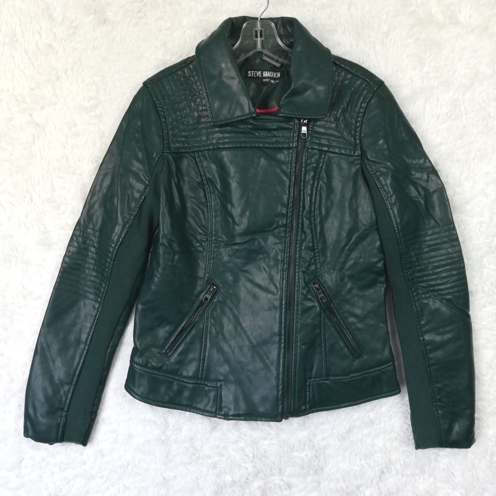 Steve Madden Womens Jacket Faux Leather Moto Emerald Green Full Zip Motorcycle M
